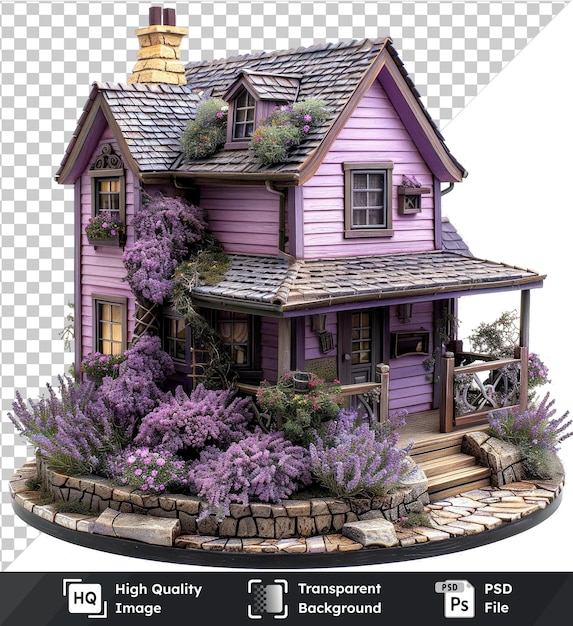 Isolated lavender garden miniature houses on transparent background