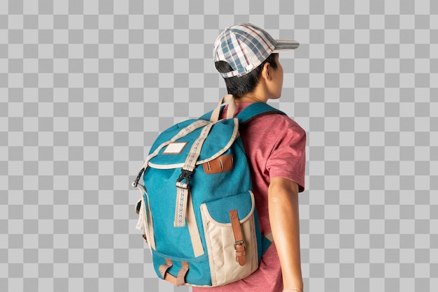 Isolated man wearing cap with backpack