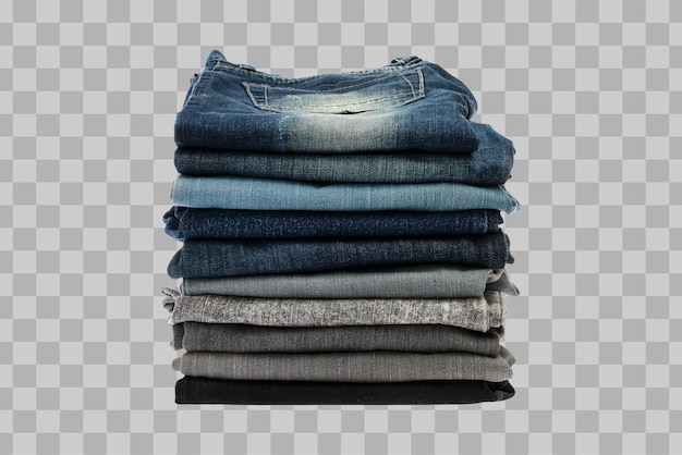 Isolated many blue jeans stacked