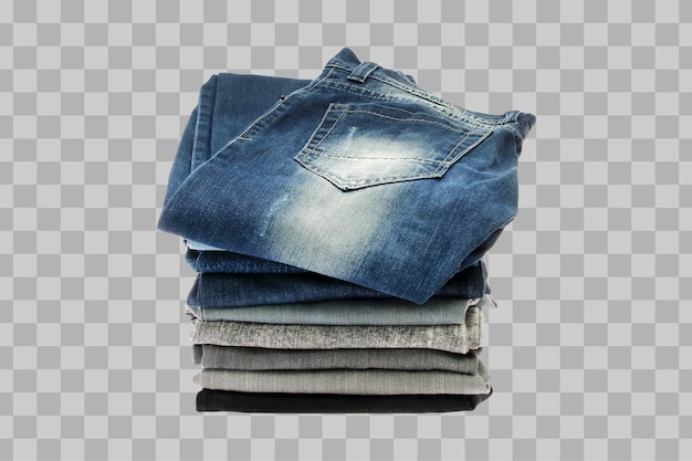 Isolated many blue jeans stacked