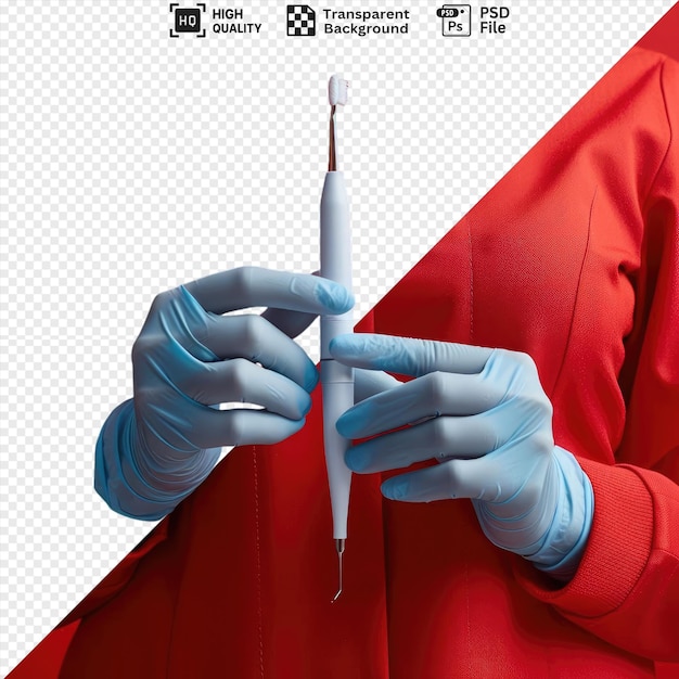 PSD isolated medical appliances on a red background a blue hand holding a white and blue handle with a blue finger visible in the foreground png