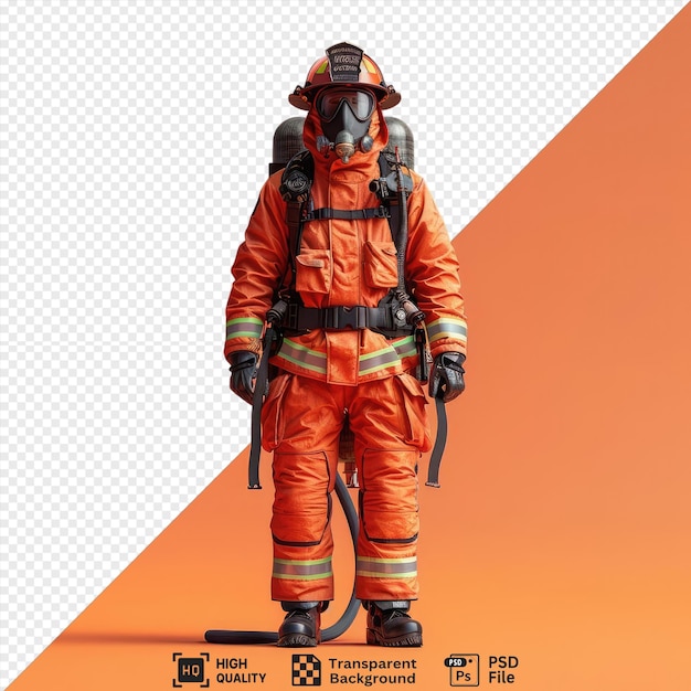 isolated mockup of a firefighter wearing an orange jacket pants and helmet holding a black gun with a black strap visible in the foreground and a dark shadow cast behind him png psd