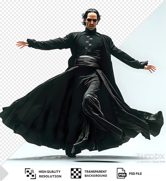 PSD isolated neo from the matrix stoic and determined fighting against the machines with unwavering resolve power as his extended arm and black hair stand out in the foreground