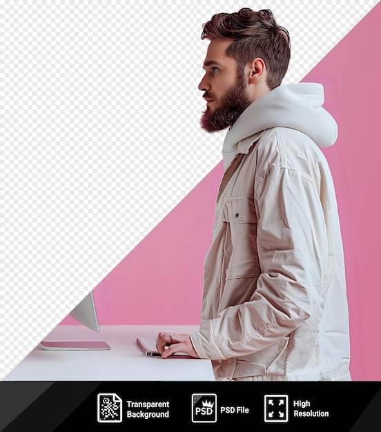 isolated office day a man in casual clothes working in theoffice with a brown beard and hair stands in front of a pink wall he wears a white hood and has a red ear png psd