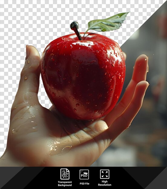 PSD isolated photo of a hand holding a red apple with a brown stem accompanied by a green leaf