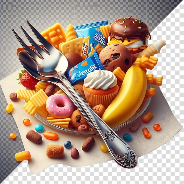 PSD isolated a plate of assorted food including a pink donut a yellow banana and a silver spoon