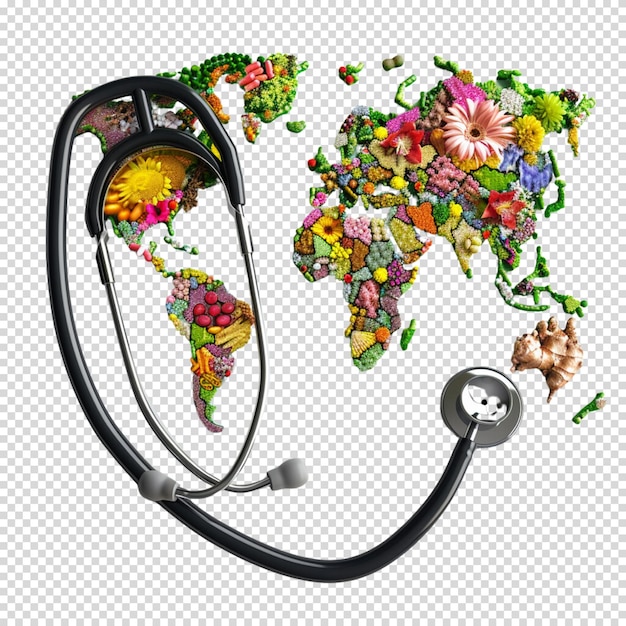 Isolated PNG of Stethoscope and Earth on transparent background for World Health Day