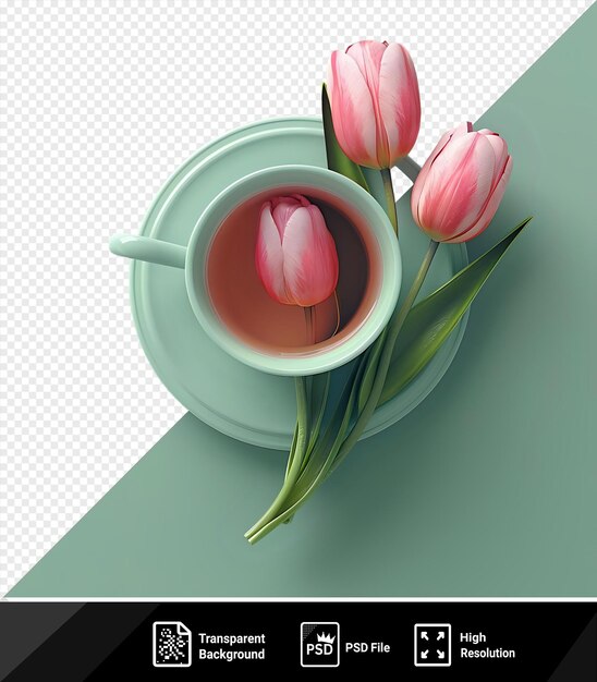 isolated porcelain teacup with pink tulips and green leaf on green table