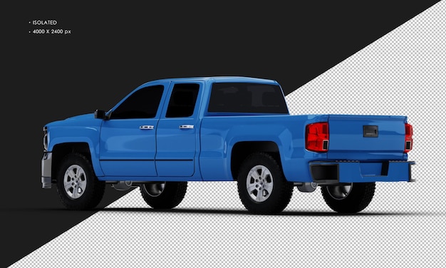 Isolated Realistic Blue Double Cabin Pickup Truck from Left Rear View