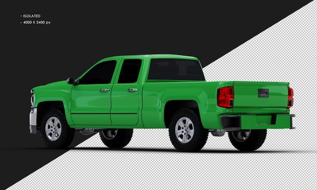 Isolated Realistic Green Double Cabin Pickup Truck from Left Rear View