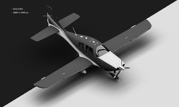 Isolated Realistic Matte Black Single Engine Propeller Low Wing Light Airplane from Top Right Front