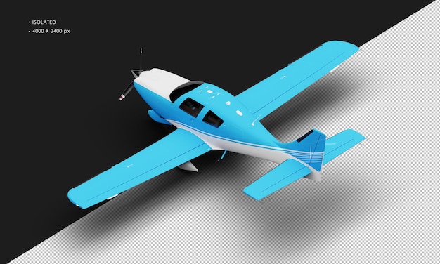 Isolated Realistic Matte blue Single Engine Propeller Low Wing Light Airplane from Top Left Rear