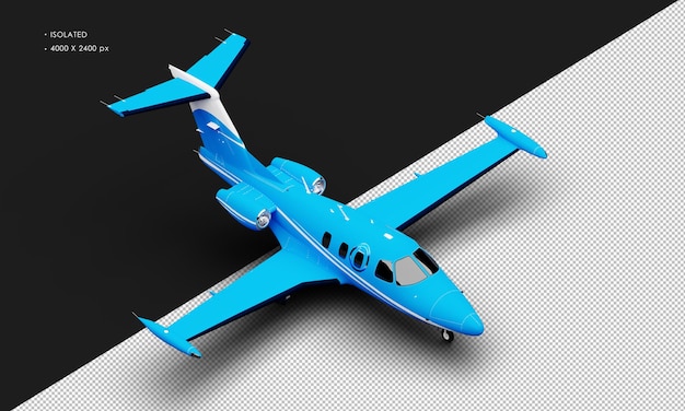 Isolated Realistic Matte blue Twin Engine Light Jet Airplane from Top Right Front View