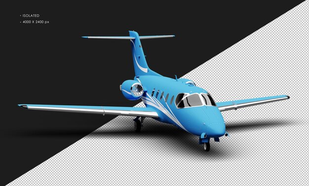 Isolated Realistic Matte blue Twin Engine Medium Light Jet Airplane from Right Front Angle View