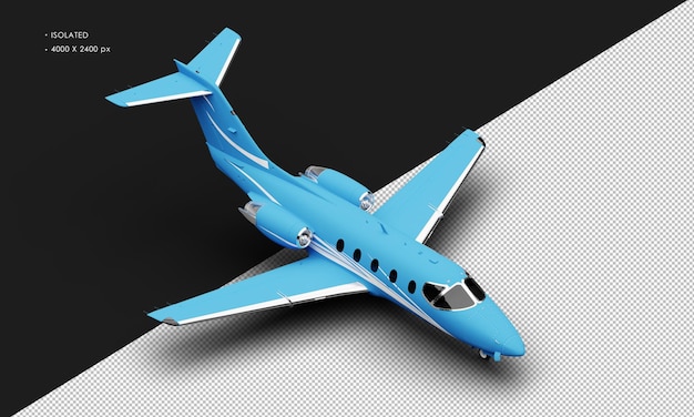 Isolated Realistic Matte blue Twin Engine Medium Light Jet Airplane from Top Right Front View