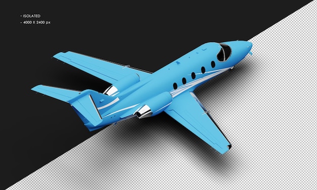 Isolated Realistic Matte blue Twin Engine Medium Light Jet Airplane from Top Right Rear View