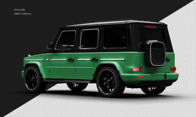 PSD isolated realistic matte green electric four wheel drive luxury suv car from left rear view