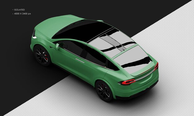 Isolated Realistic Matte Green Electric Luxury Sport Utility Vehicle Car From Top Left Rear View