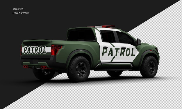 Isolated Realistic Matte Green Patrol Pickup Truck Car From Right Rear View