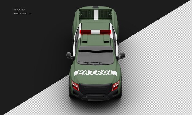 Isolated Realistic Matte Green Patrol Pickup Truck Car From Top Front View