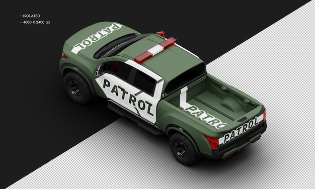 Isolated Realistic Matte Green Patrol Pickup Truck Car From Top Left Rear View