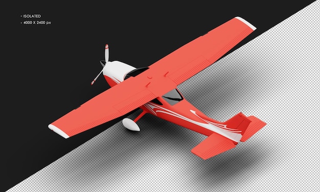 Isolated Realistic Matte red Single Engine Propeller Light Airplane from Top Left Rear View