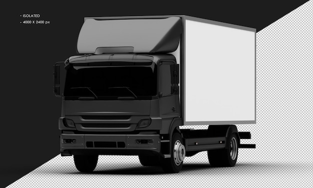 Isolated Realistic Metal black Transport Box Truck Car from Left Front Angle View