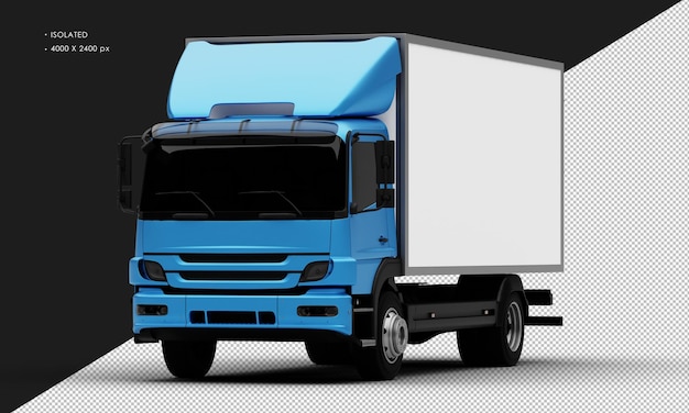 Isolated Realistic Metal Blue Transport Box Truck Car from Left Front Angle View