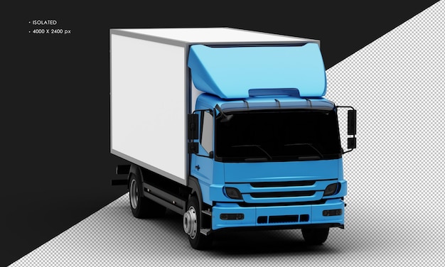 Isolated Realistic Metal Blue Transport Box Truck Car from Right Front Angle View