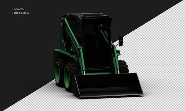 Isolated Realistic Metal Titanium Shiny Green Skid Steer Loader From Right Front Angle View