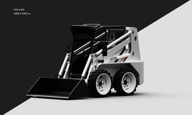 PSD isolated realistic metal titanium shiny white skid steer loader from left front view