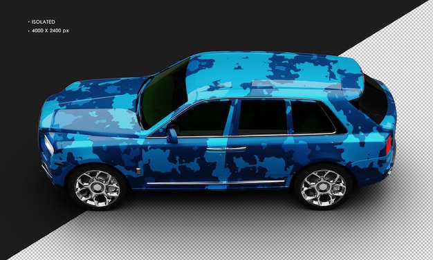 PSD isolated realistic metallic blue camouflage full size luxury city suv car from top left