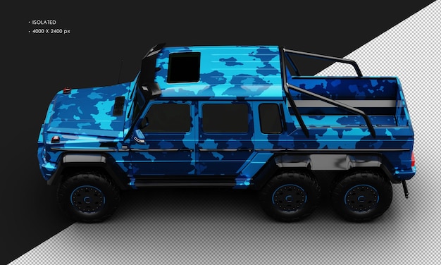 PSD isolated realistic metallic blue camouflage six wheel drive luxury suv car top left