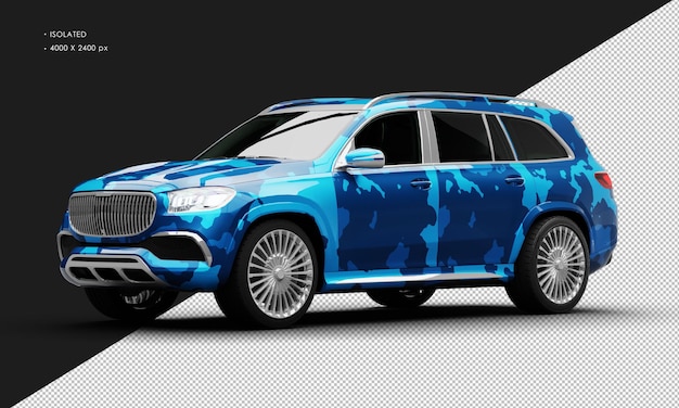 PSD isolated realistic metallic blue camouflage turbo engine luxury suv car from left front