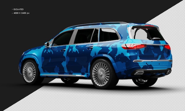 PSD isolated realistic metallic blue camouflage turbo engine luxury suv car from left rear