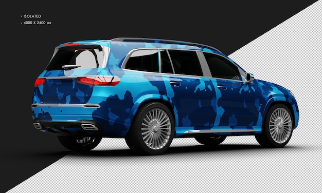 PSD isolated realistic metallic blue camouflage turbo engine luxury suv car from right rear