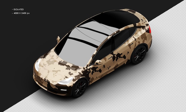 PSD isolated realistic metallic desert sand camouflage electric executive car from top left front view