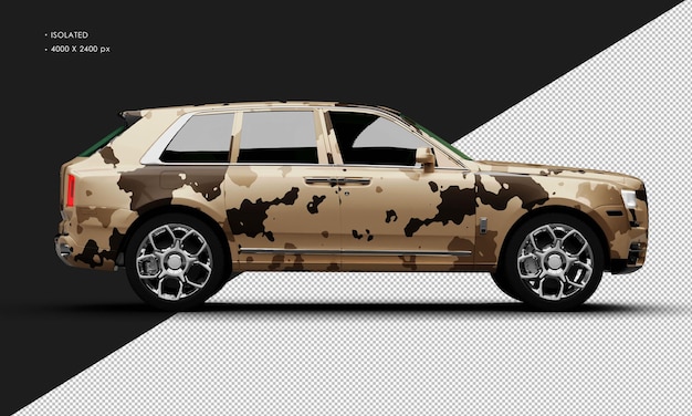 PSD isolated realistic metallic desert sand camouflage full size luxury city suv car from right side