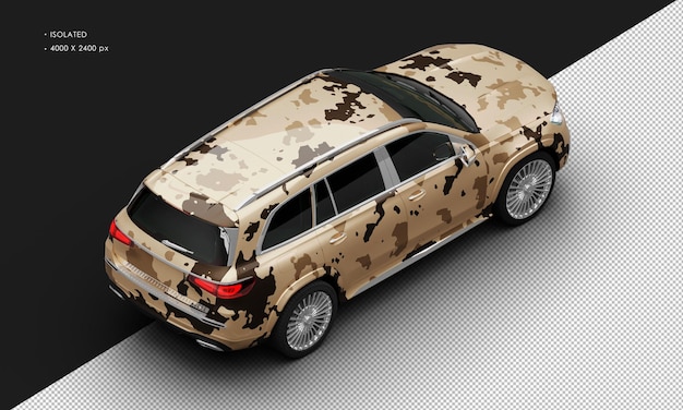 PSD isolated realistic metallic desert sand camouflage turbo engine luxury suv car from top right rear