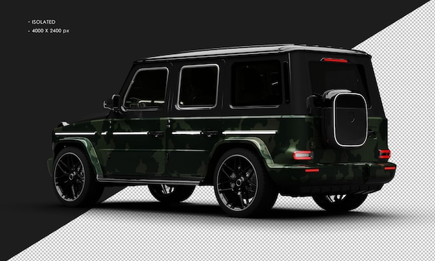 PSD isolated realistic metallic green camouflage four wheel drive luxury suv car left rear