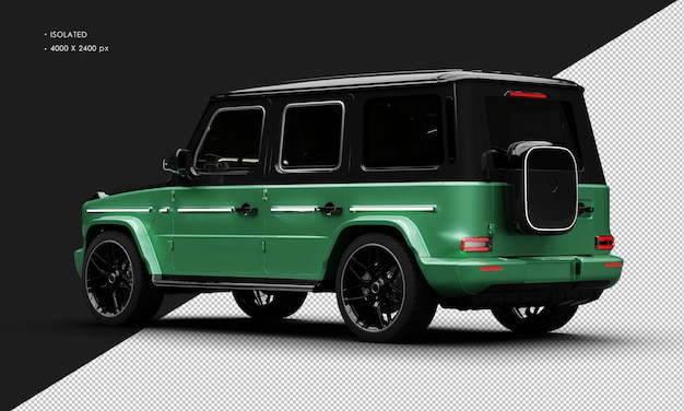 PSD isolated realistic metallic green electric four wheel drive luxury suv car from left rear