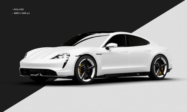 PSD isolated realistic metallic white electric luxury coupe sport car from left front view