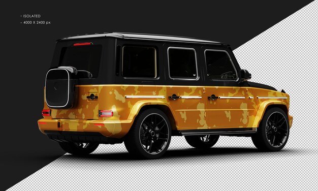 PSD isolated realistic metallic yellow camouflage four wheel drive luxury suv car right rear