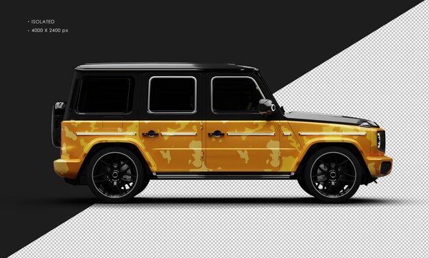 PSD isolated realistic metallic yellow camouflage four wheel drive luxury suv car right side