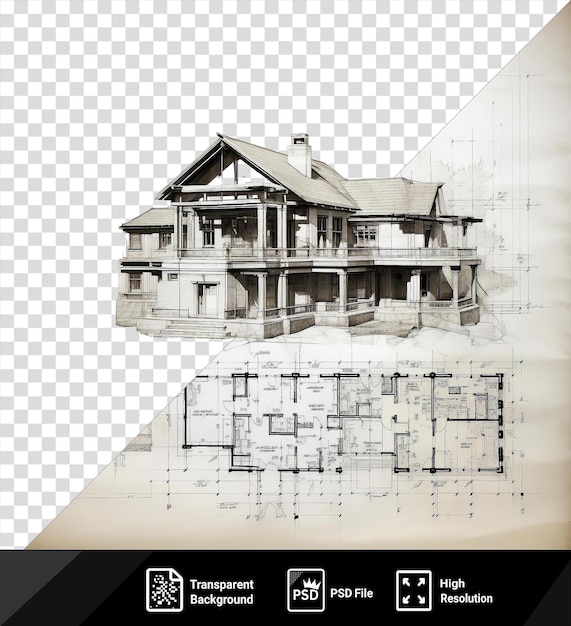 isolated realistic photographic architects blueprints of a white house with a gray roof set against a white sky png psd