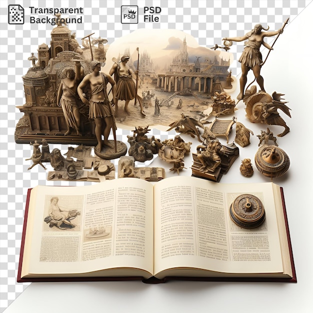 isolated realistic photographic historians historical artifacts displayed on a transparent background accompanied by an open book