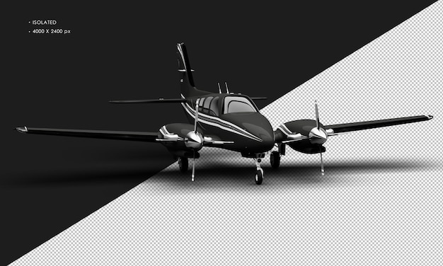 Isolated Realistic Shiny Black Twin Propeller Dual Engine Airplane from Right Front Angle View