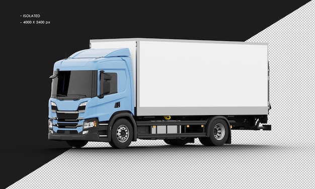 Isolated Realistic Shiny blue Big Box Transit Truck from Left Front View