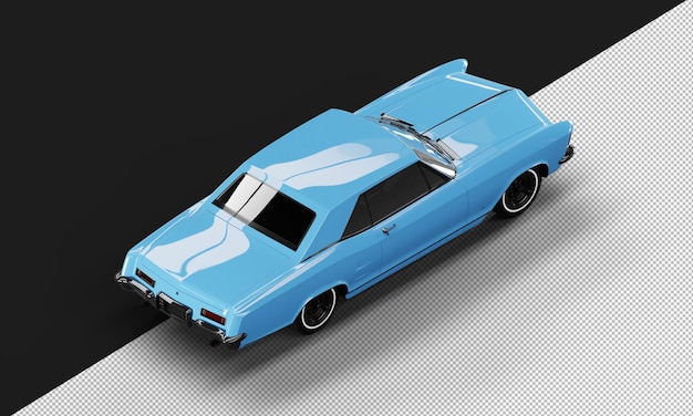 Isolated Realistic Shiny blue Classic Elegant Sedan Car from Top Right Rear View