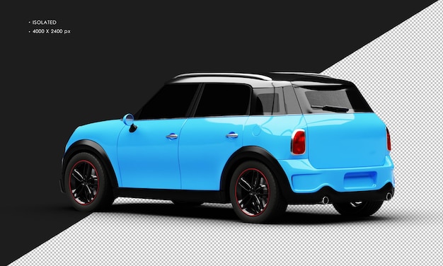 Isolated Realistic Shiny Blue Mini City Car from Left Rear View